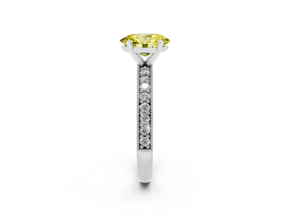 Fancy Yellow Oval Cut Diamond Milgrain Pavé Engagement Ring with Four-Prong Setting Silver