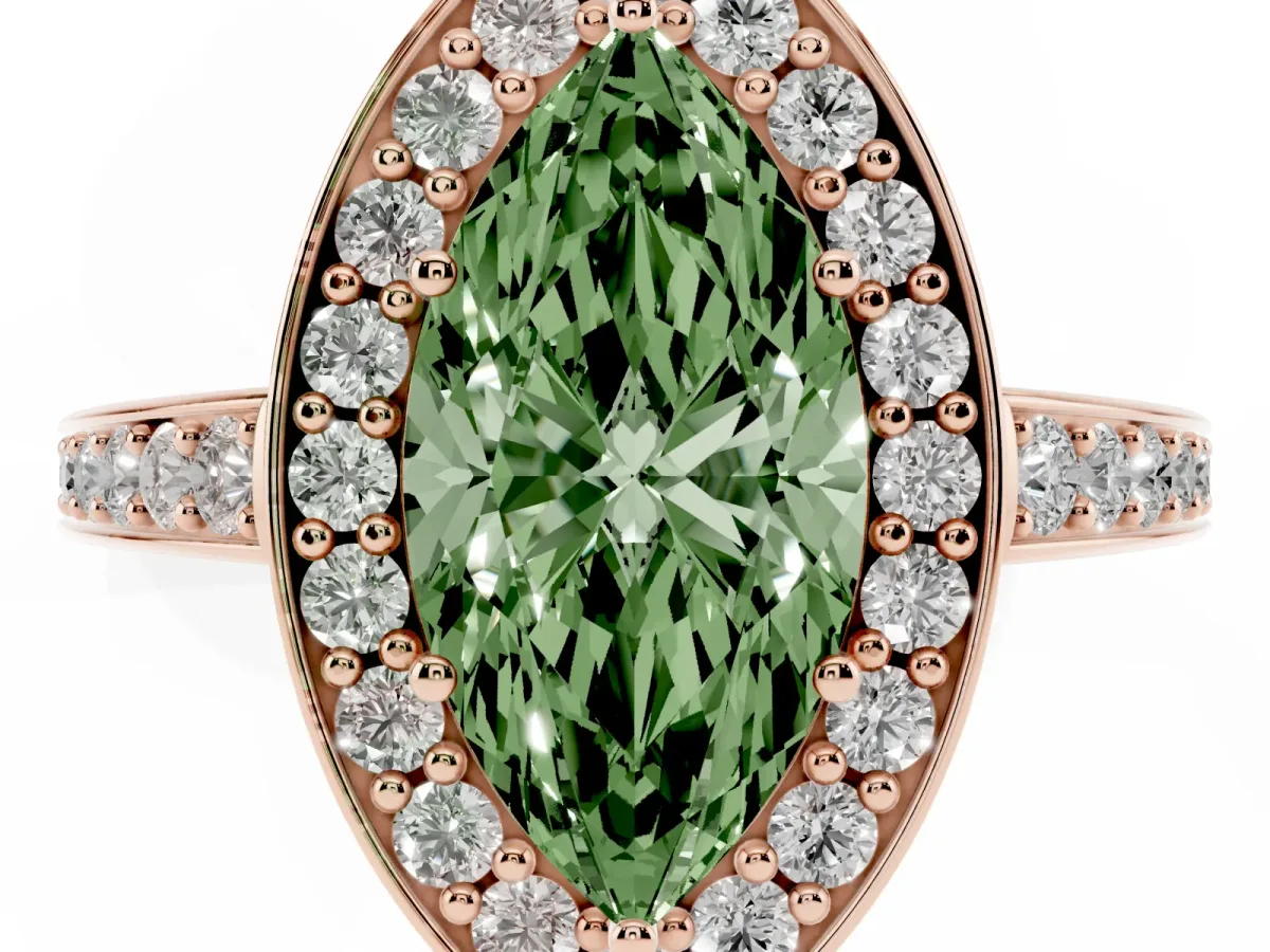 Fancy Green Marquise Cut Halo Pavé Diamond Engagement Ring with Bezel Setting Rose gold