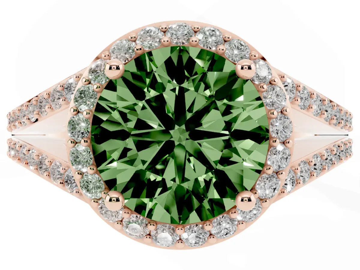 Fancy Green Round Cut Halo Split Shank Pave Diamond Ring with Four-Prong Setting Rose gold