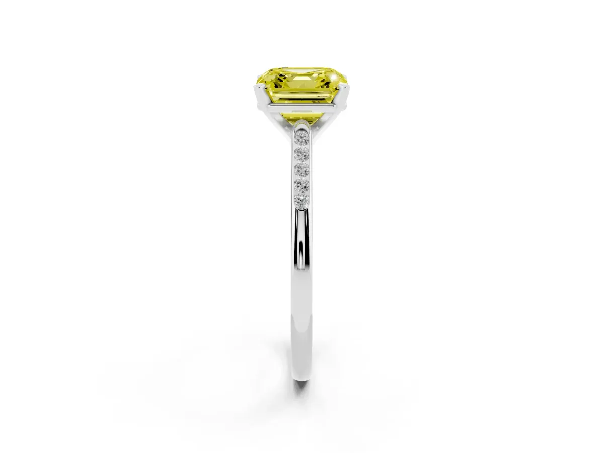 Fancy Yellow Asscher Cut Diamond Solitaire Ring with Channel Set Round Band and Prong Setting White gold