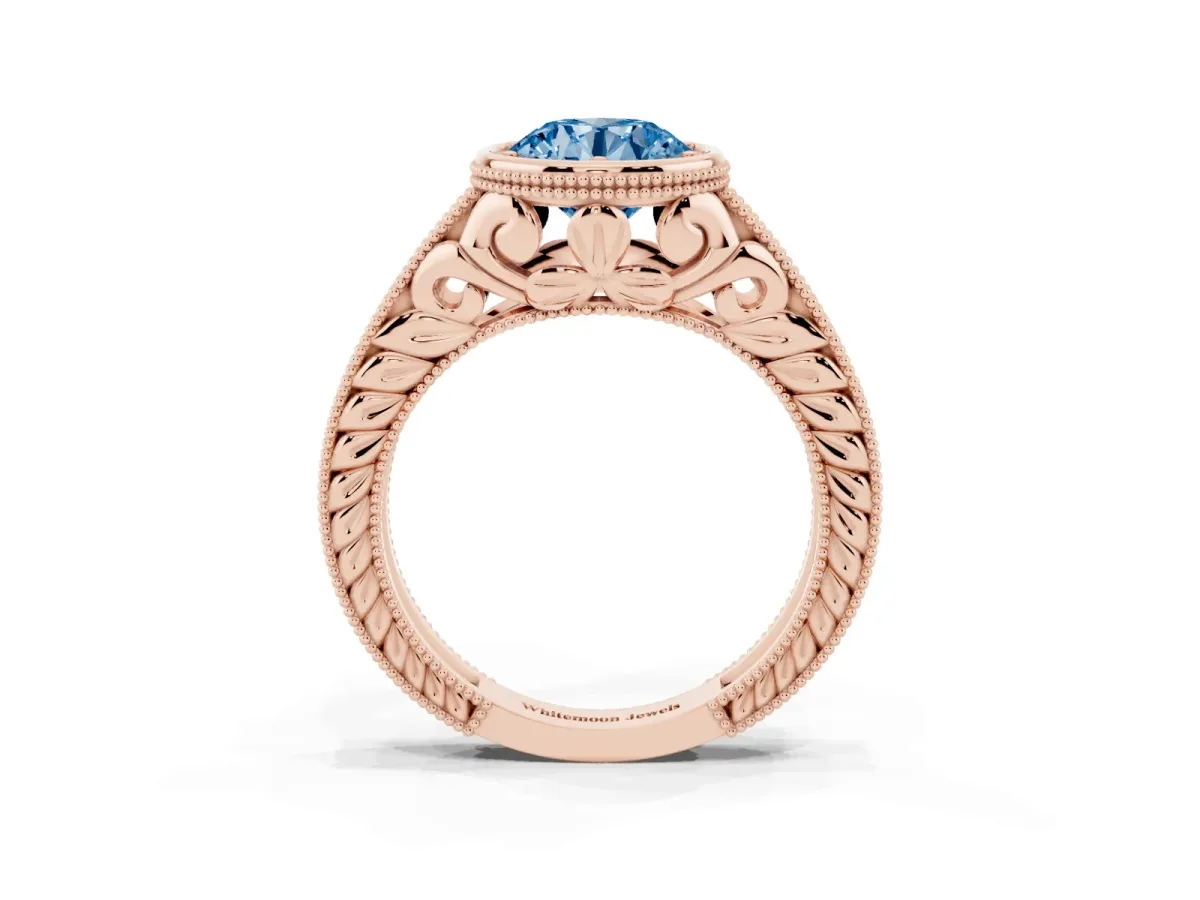 Fancy Blue Bezel Set Round Cut Diamond Milgrain Pave Engagement Ring Rose gold