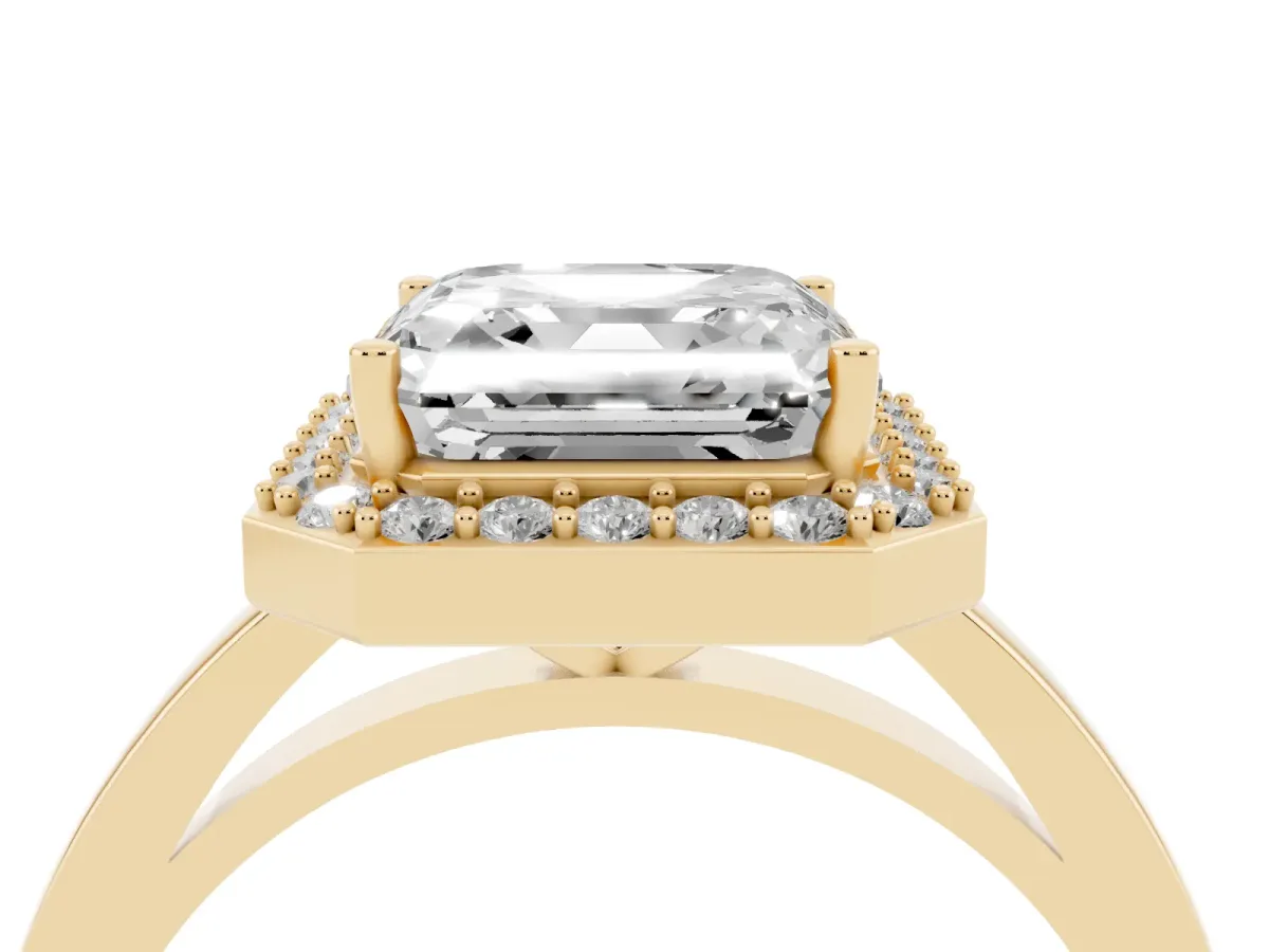 Asscher Cut Halo Diamond Ring with Solitaire Band and Prong Setting Yellow gold