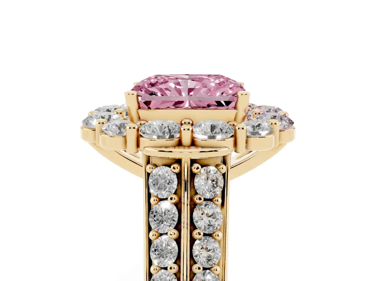 Fancy Pink Radiant Cut Halo Diamond Engagement Ring with Split Shank and Prong Setting Yellow gold