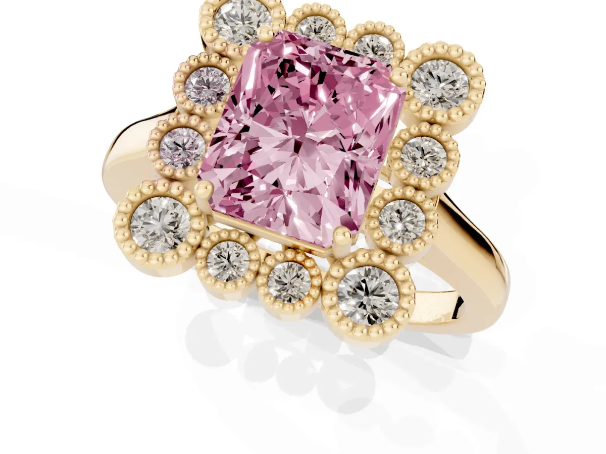 Fancy Pink Radiant Cut Halo Diamond Cluster Engagement Ring with Milgrain Bezel Setting and Solitaire Band Yellow gold