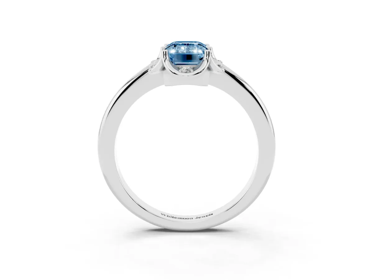 Fancy Blue Emerald Cut Halo Diamond Ring with Round Cluster Setting, Solitaire Band, and Four-Prong Setting Silver