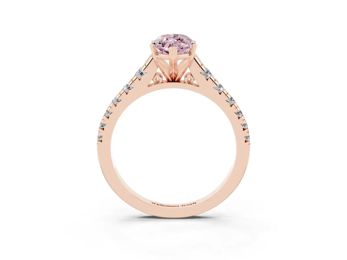 Fancy Pink Marquise Cut Diamond Cathedral Solitaire Ring with Round Pavé Band Rose gold
