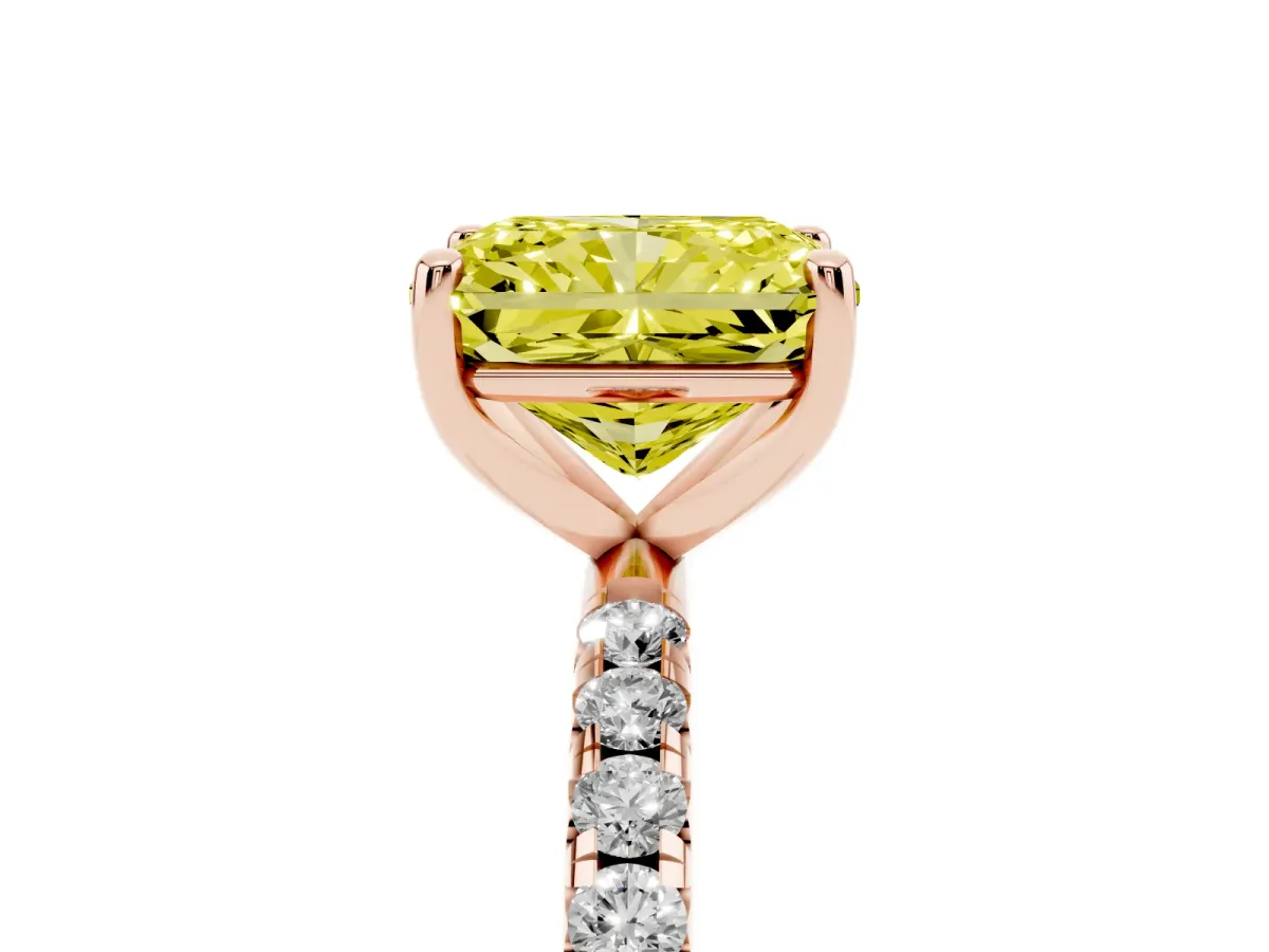 Fancy Yellow Radiant Cut Cut Diamond Solitaire Ring with Micro Pave Band and Four Prong Setting Rose gold