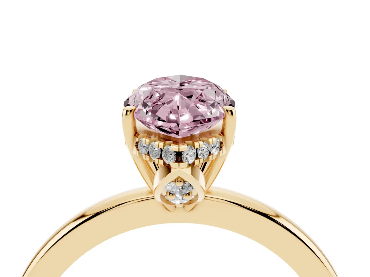 Fancy Pink Marquise Cut Solitaire Diamond Ring with Prong Setting and Plain Band Yellow gold