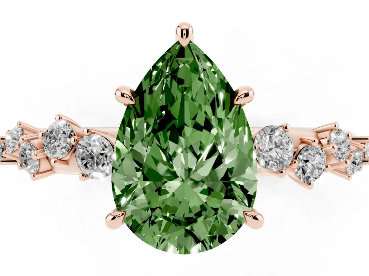 Fancy Green Pear Cut Diamond Cluster Side Stone Solitaire Ring with Prong Setting Rose gold