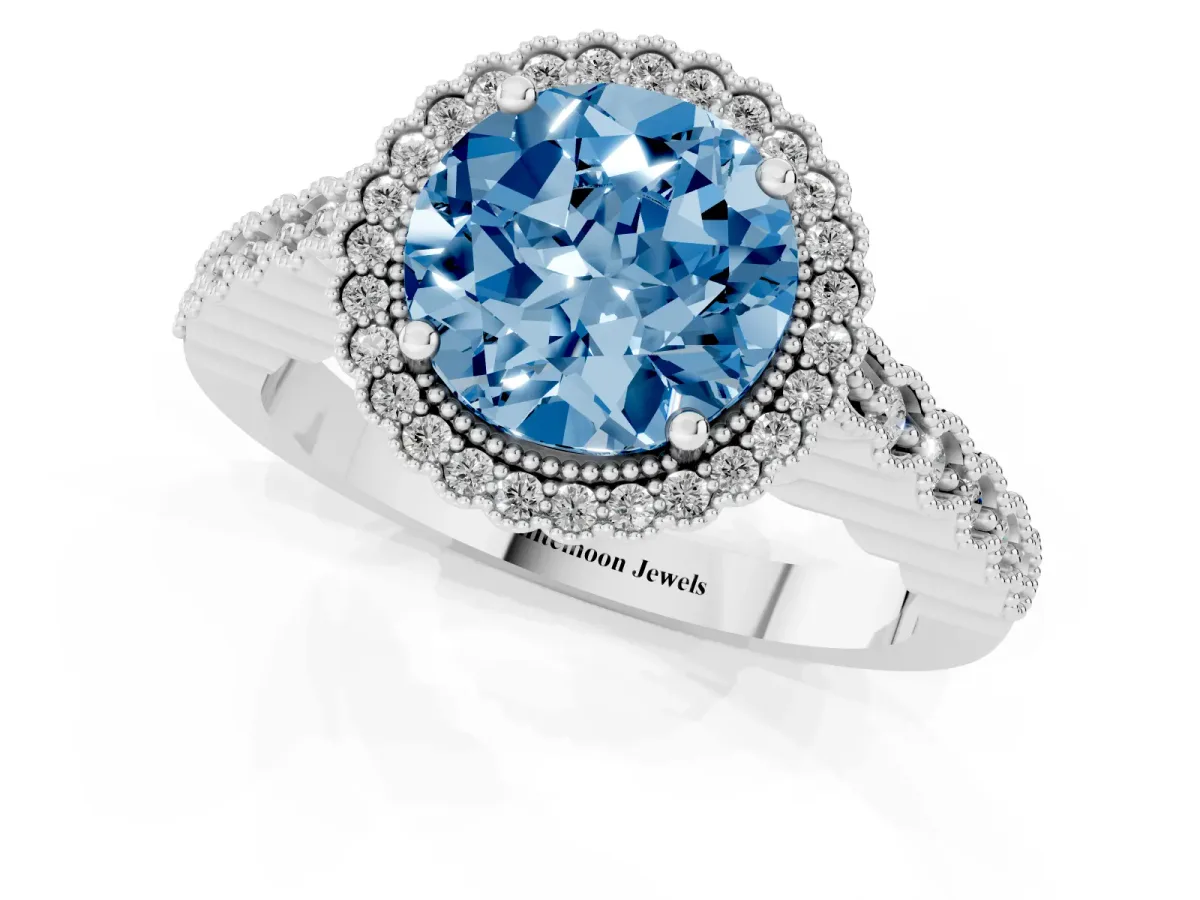 Fancy Blue Round Cut Cut Halo Pavé Solitaire Ring with Milgrain Band Silver