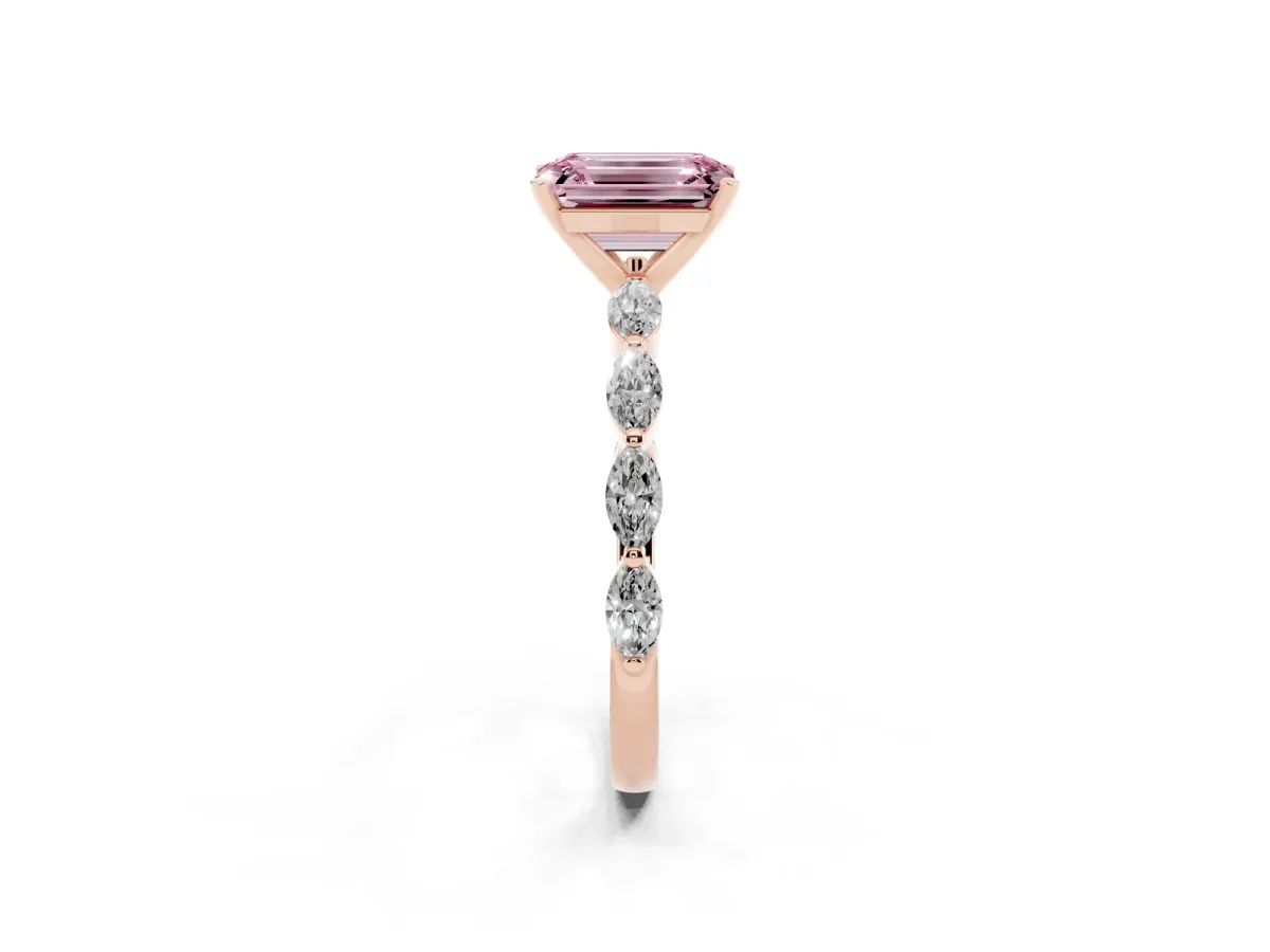 Fancy Pink Emerald Cut Diamond Ring with Marquise Side Stones and Prong Setting Rose gold