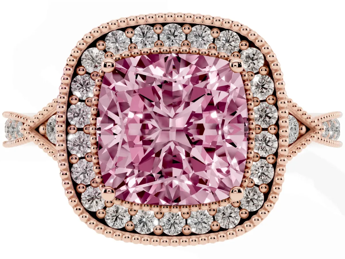Fancy Pink Cushion Cut Halo Round Diamond Milgrain Pave Engagement Ring Rose gold