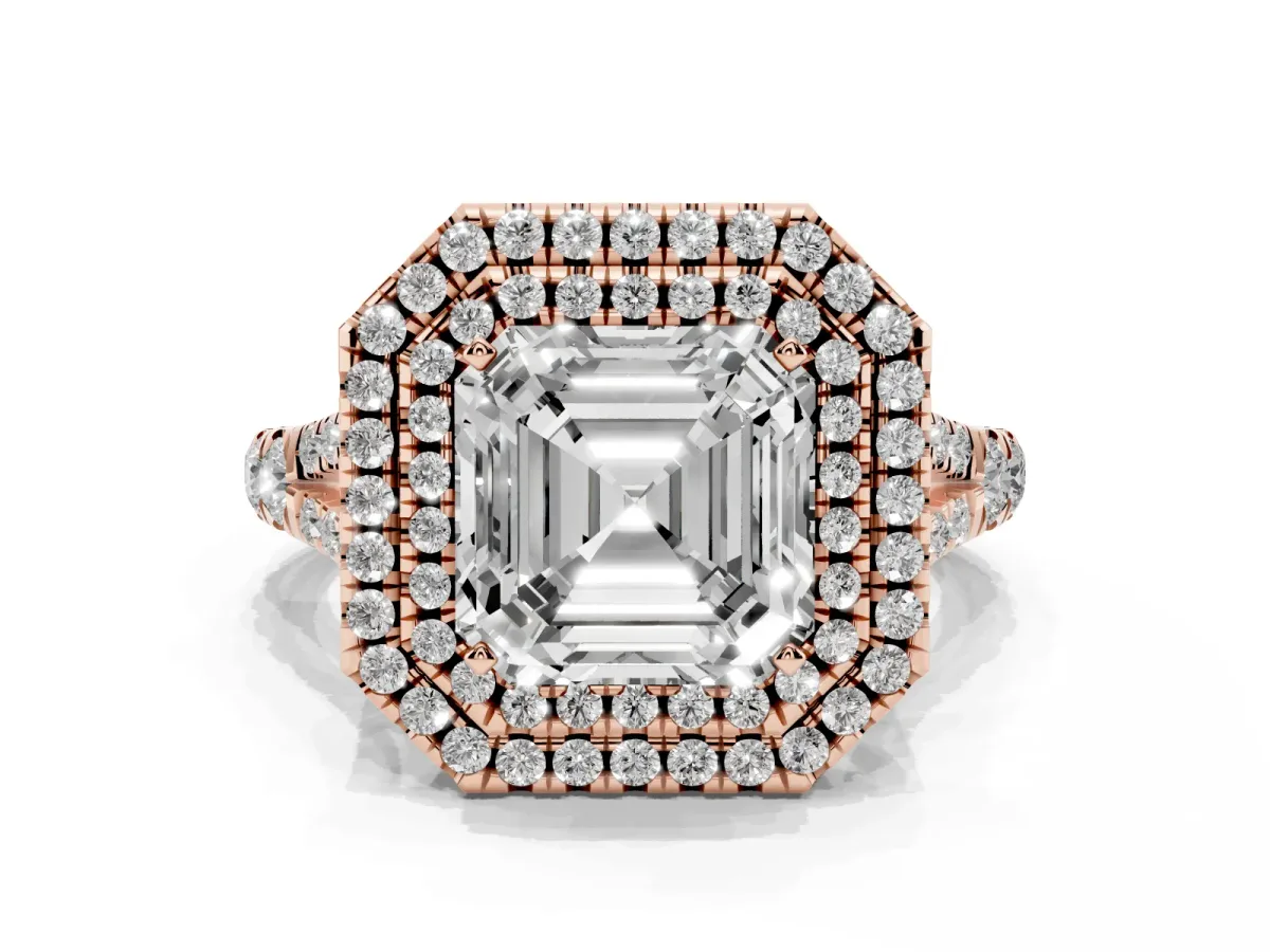 Asscher Cut Diamond Pavé Split Shank Double Halo Engagement Ring Rose gold