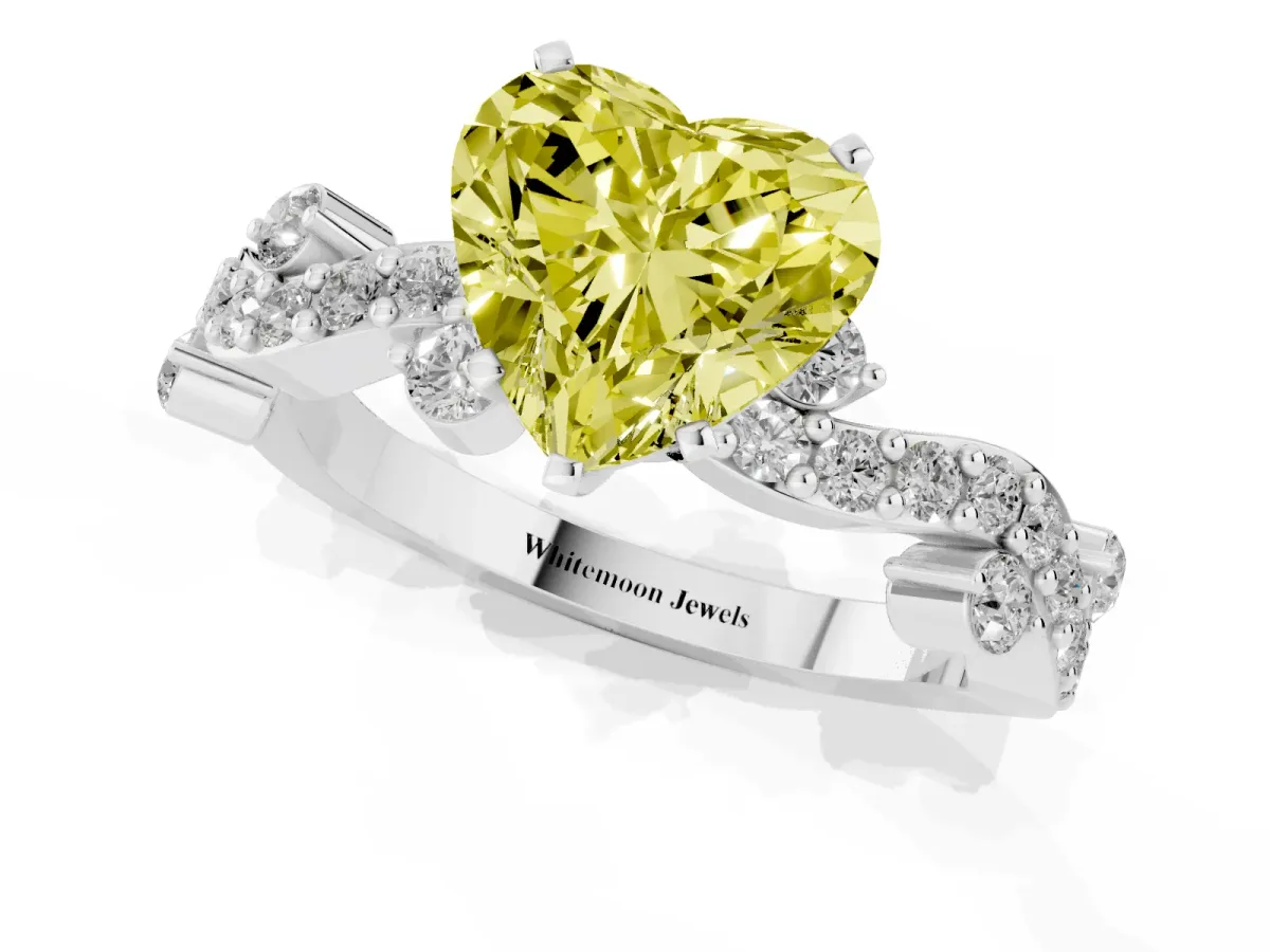 Fancy Yellow Heart Cut Cut Solitaire Diamond Twisted Band with Pave Setting Platinum