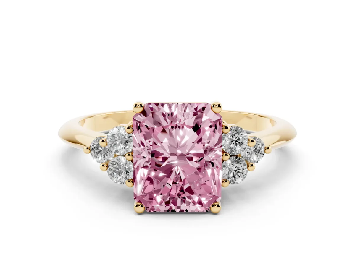 Fancy Pink Radiant Cut Cut Diamond Cluster Ring with Solitaire Band and Four-Prong Setting Yellow gold