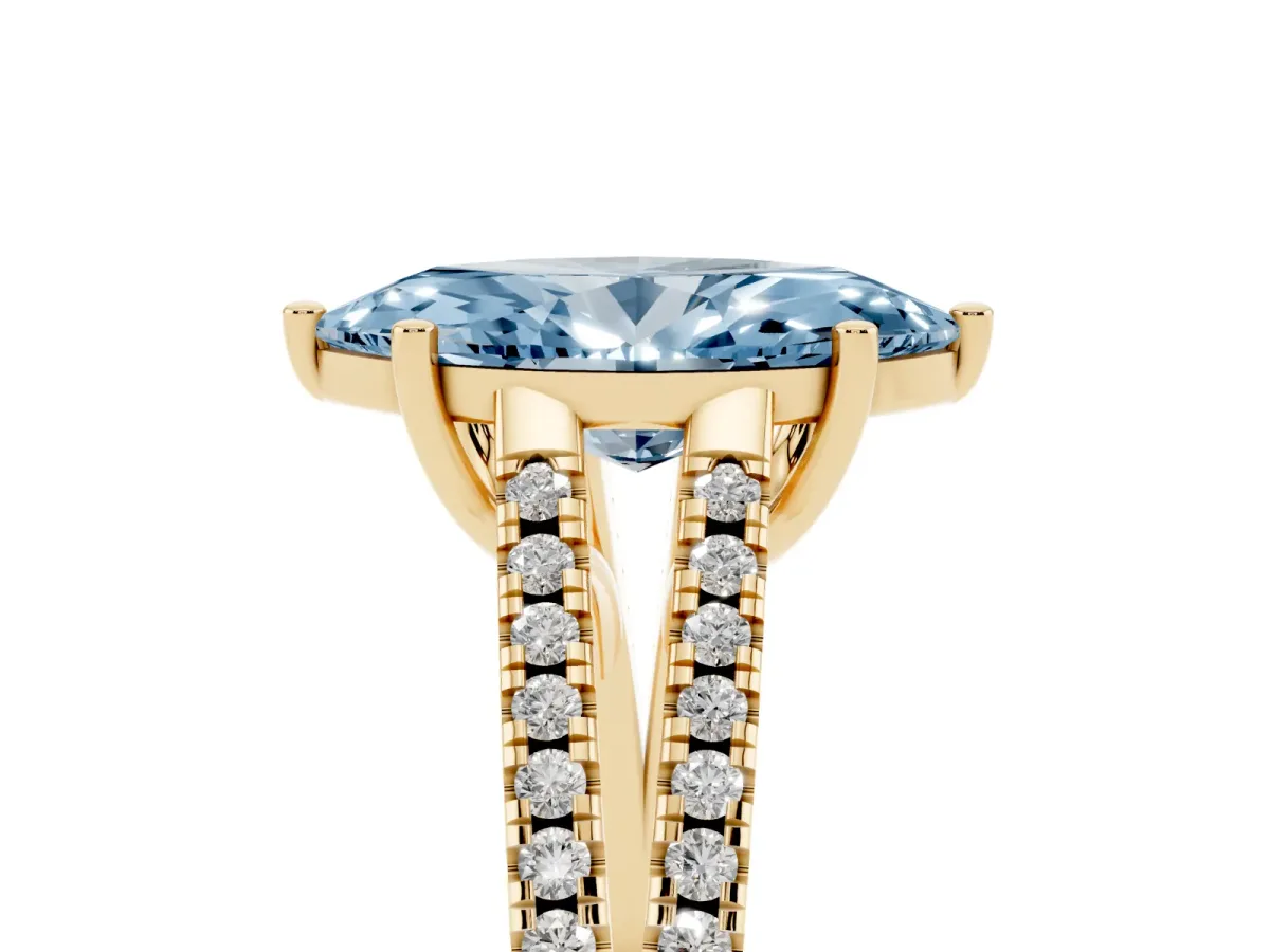 Fancy Blue Marquise Cut Diamond Solitaire Engagement Ring with Split Shank Pavé Band Yellow gold