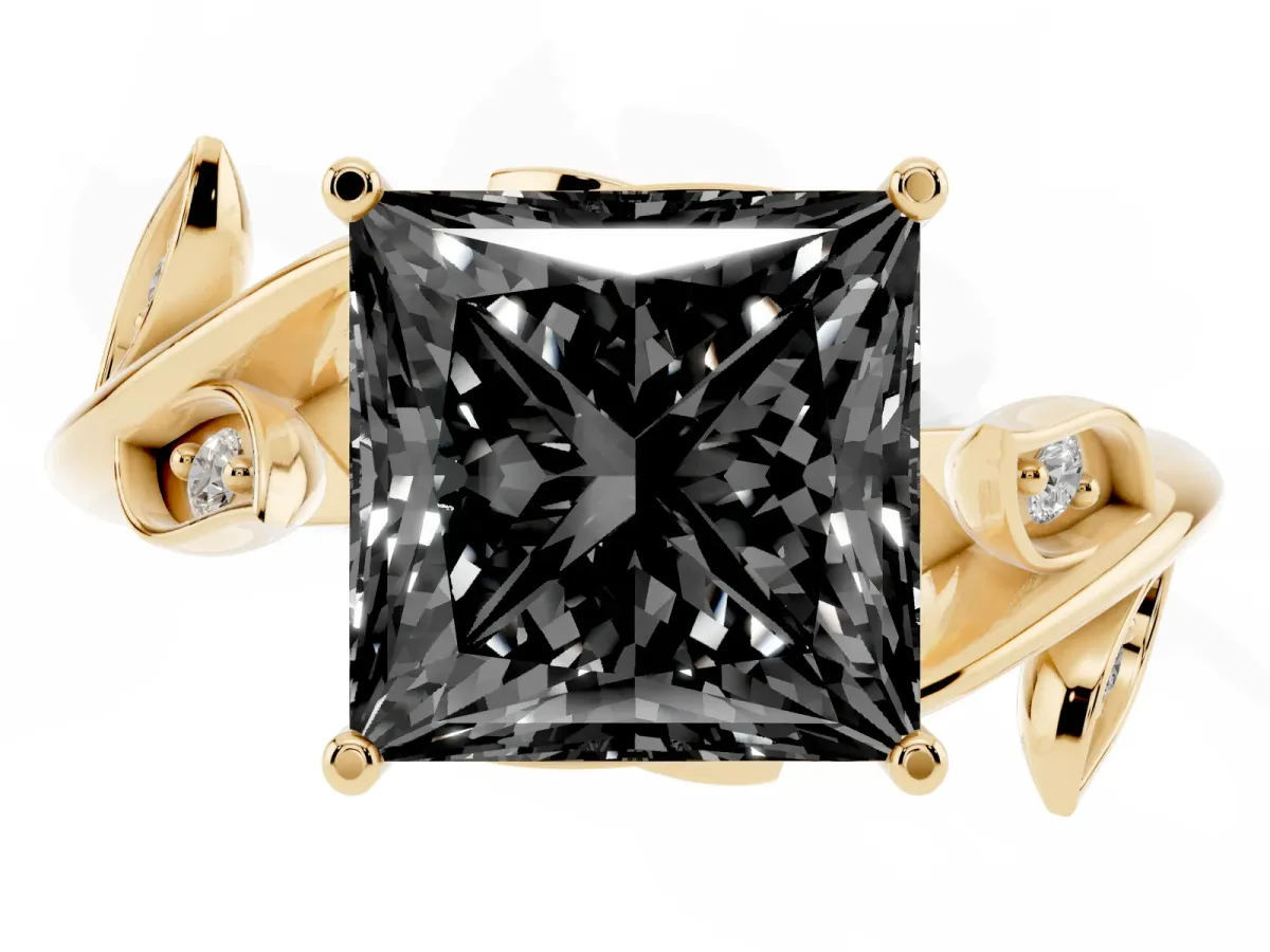 Fancy Black Princess Cut Solitaire Twist Engagement Ring with Leaf Accents and Prong Setting Yellow gold