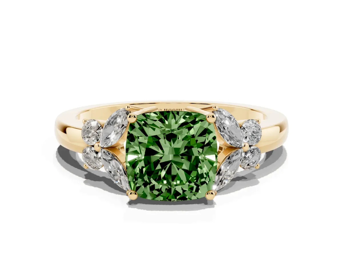 Fancy Green Cushion Cut Cut Solitaire Floral Diamond Ring with Four-Prong Setting Yellow gold