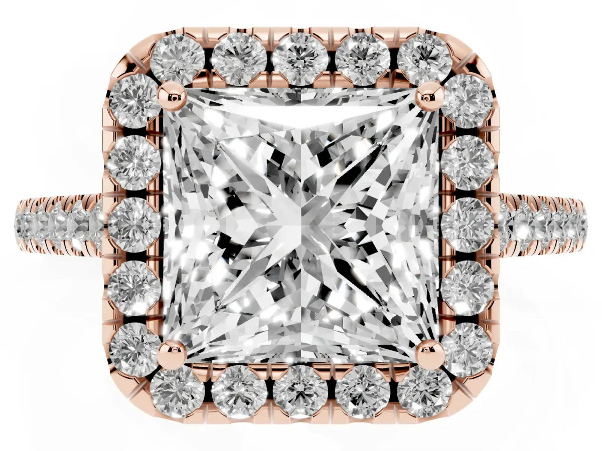 Princess Cut Halo Pavé Diamond Engagement Ring with Four-Prong Setting Rose gold