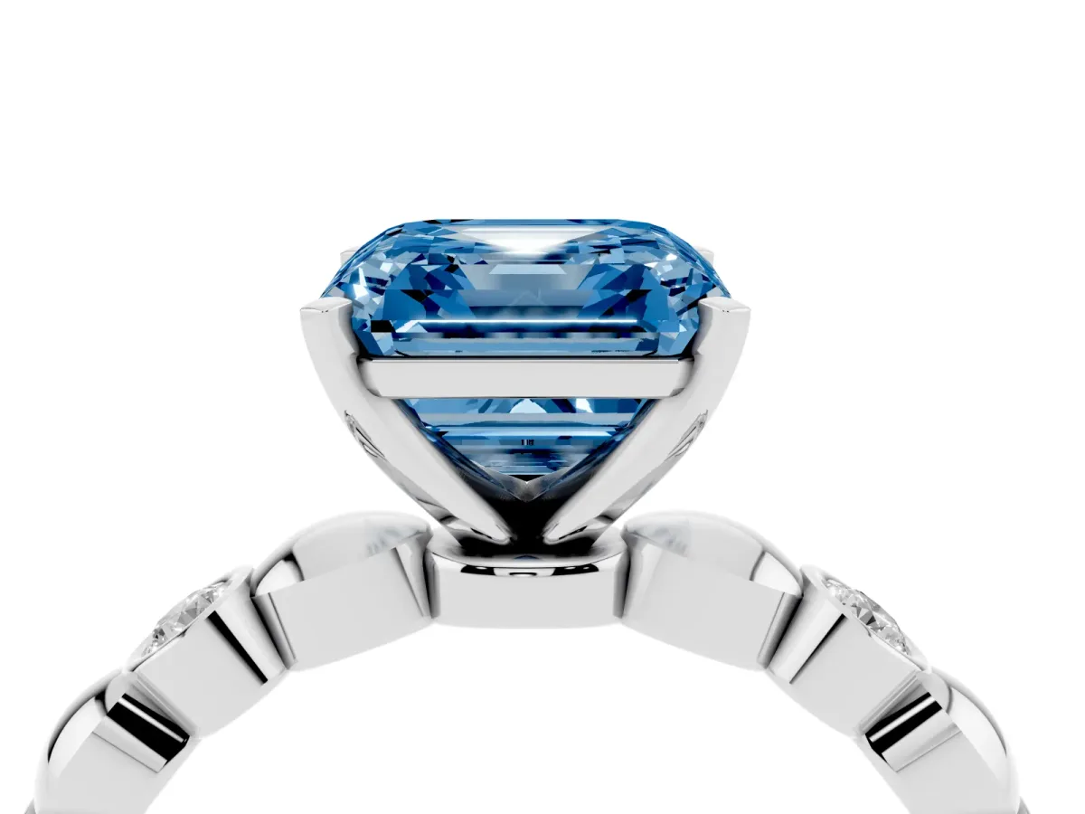 Fancy Blue Asscher Cut Solitaire Bezel-Set Diamond Ring with Beaded Band and Four-Prong Setting Silver