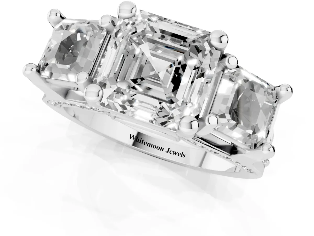 Asscher Cut Diamond Three-Stone Ring with Channel Set Band and Four-Prong Setting Silver
