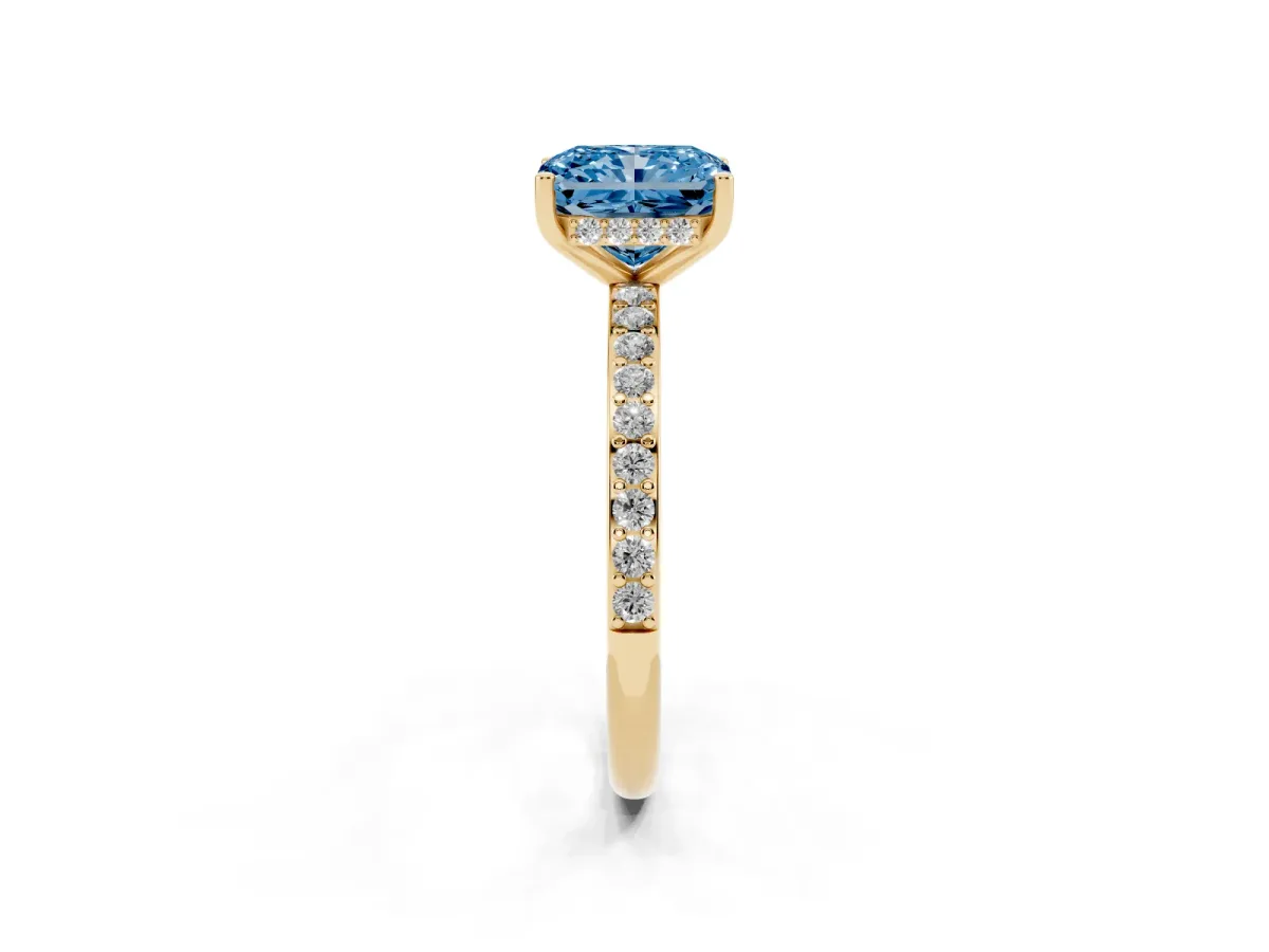 Fancy Blue Radiant Cut Cut Diamond Pavé Band Ring with Four-Prong Setting Yellow gold