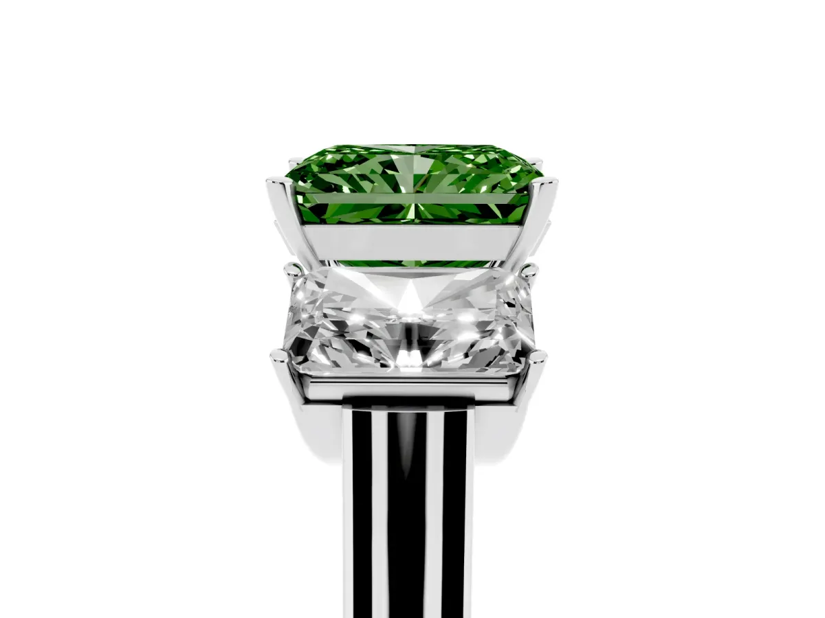 Fancy Green Three-Stone Radiant Cut Brilliant Diamond Trellis Ring with Comfort Fit Band Silver