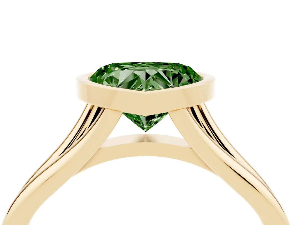 Fancy Green Bezel Set Heart Cut Cut Solitaire Ring with Tapered Band Yellow gold