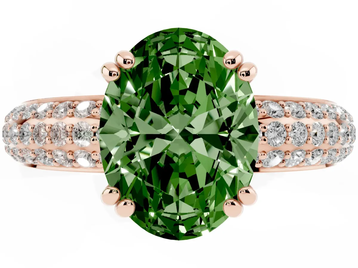 Fancy Green Oval Cut Diamond Solitaire Ring with Multi-Row Round Pavé Band and Prong Setting Rose gold