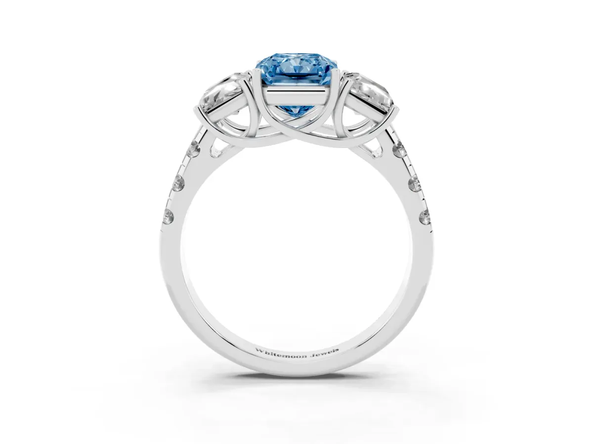 Fancy Blue Three-Stone Radiant Cut Diamond Pavé Band with Prong Setting Silver