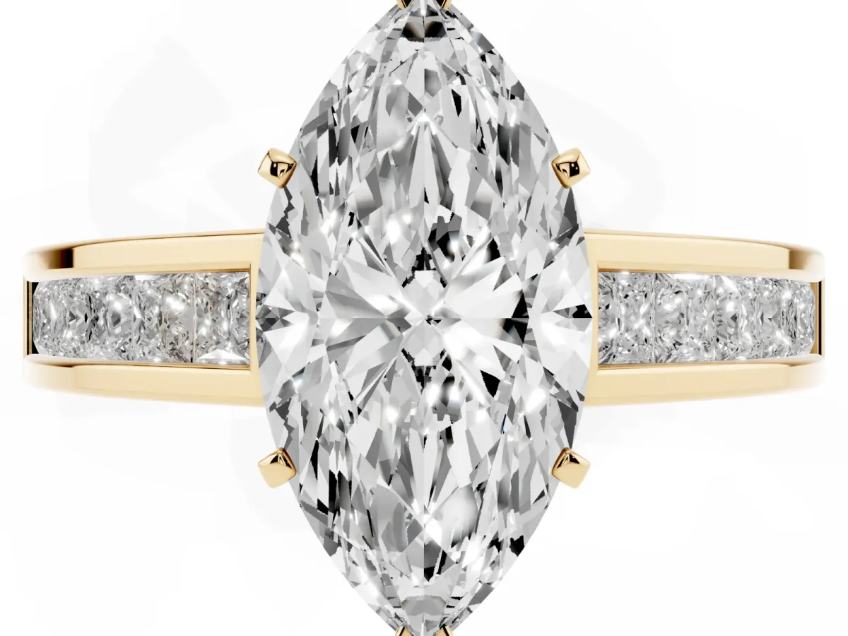 Marquise Cut Solitaire Diamond Ring with Channel-Set Band and Four-Prong Setting Yellow gold