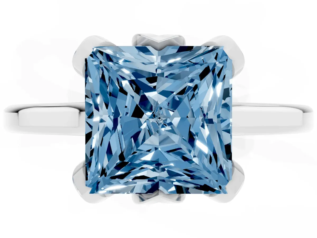 Fancy Blue Princess Cut Diamond Solitaire Ring with Flower Prong Setting and Classic Band Silver