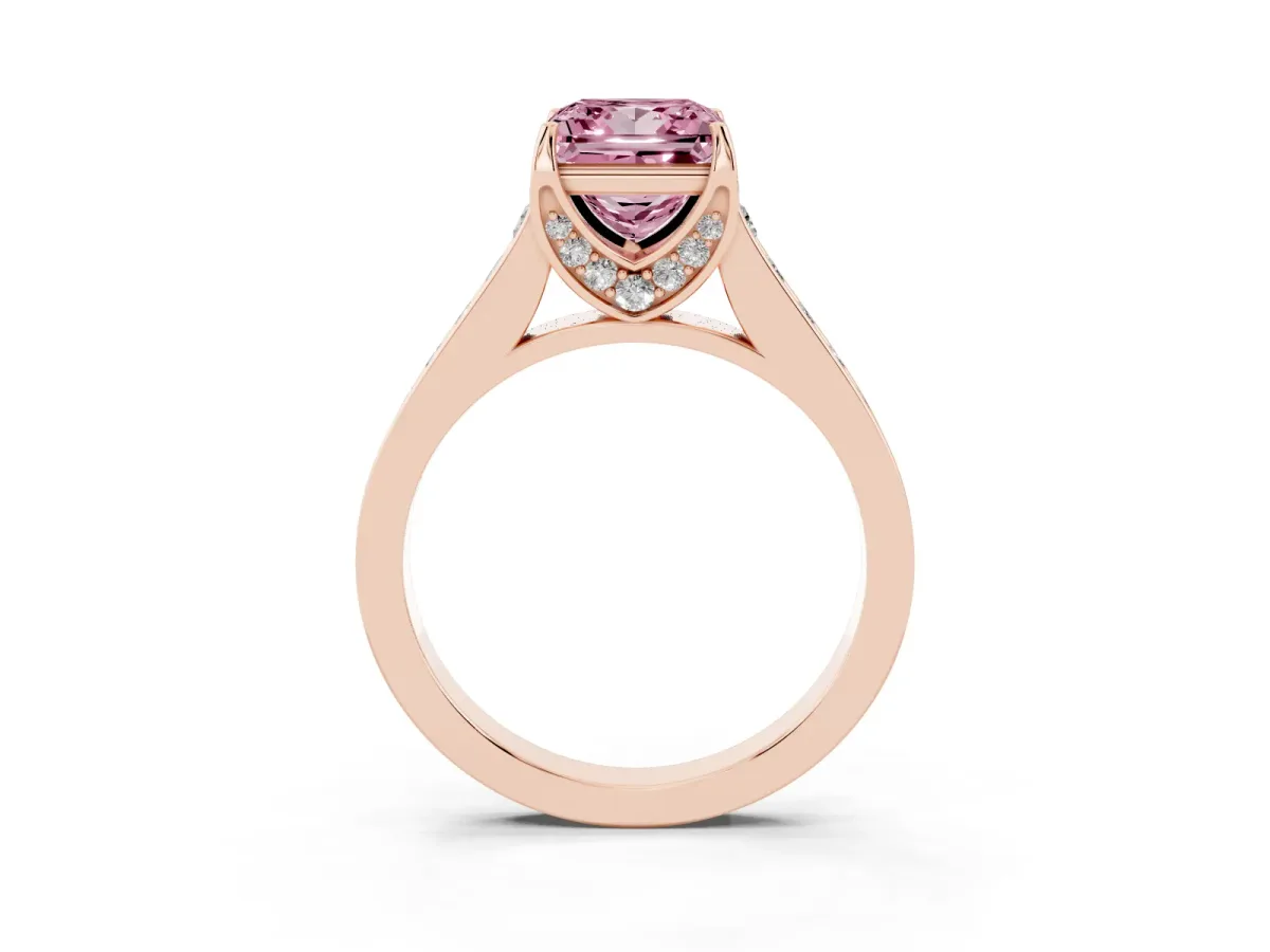 Fancy Pink Princess Cut Brilliant Cut Diamond Engagement Ring with Pavé Band and Four-Prong Setting Rose gold