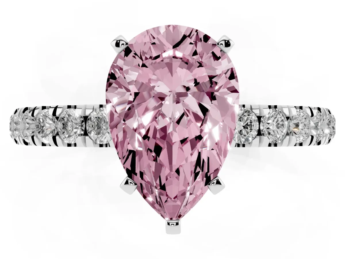 Fancy Pink Pear Cut Diamond Solitaire Ring with Pavé Accents and Four-Prong Setting White gold