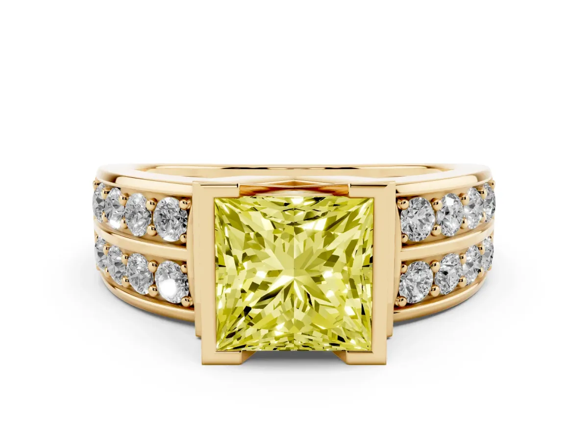 Fancy Yellow Princess Cut Brilliant Diamond Channel Set Wide Band Ring with Bezel Setting Yellow gold