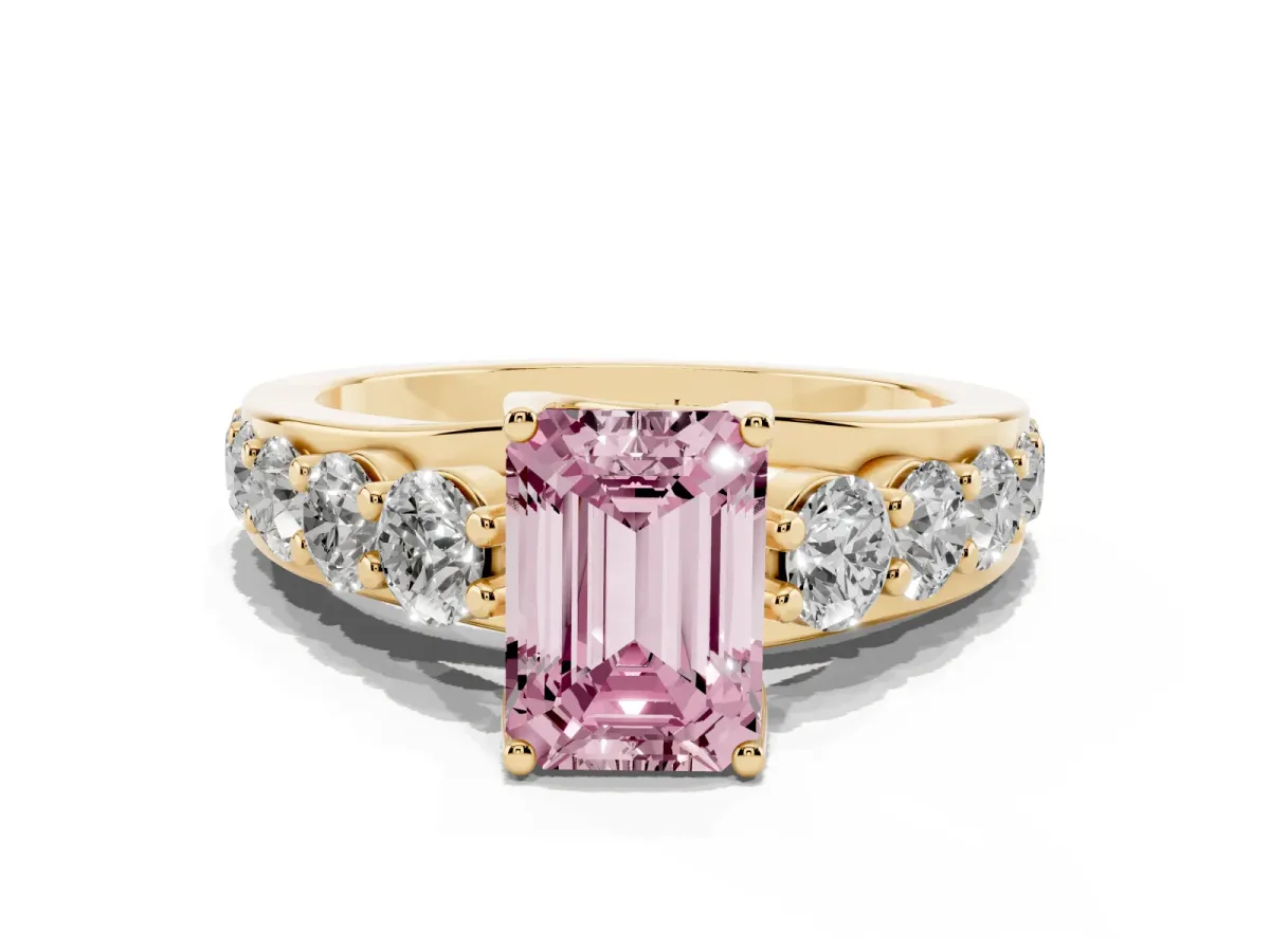 Fancy Pink Emerald Cut Diamond Engagement Ring with Pavé Band and Four-Prong Setting Yellow gold