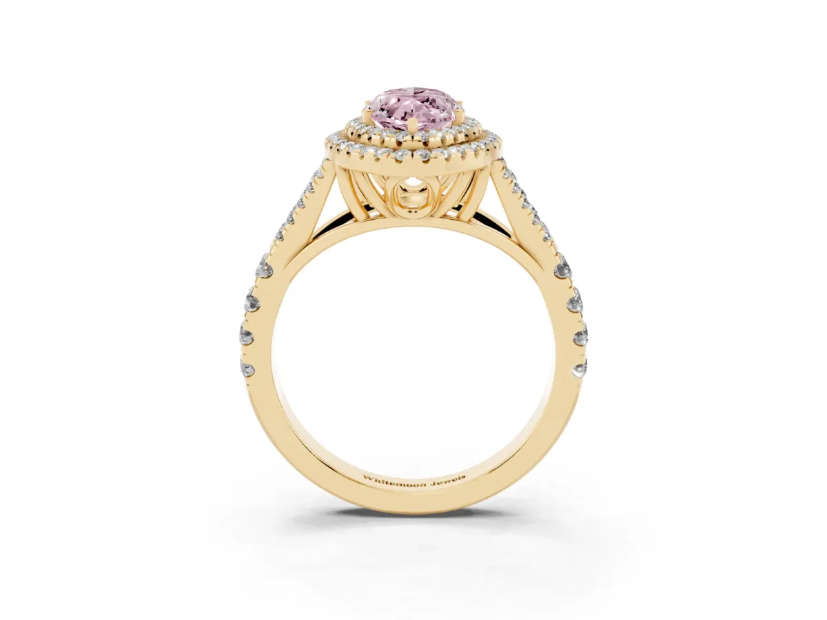 Fancy Pink Double Halo Marquise Cut Diamond Split Shank Engagement Ring with Four-Prong Setting Yellow gold