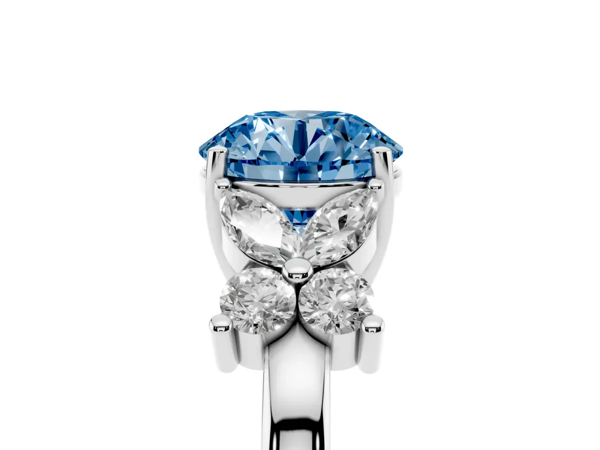 Fancy Blue Round Cut Diamond Floral Cluster Ring with Solitaire Band and Prong Setting Silver