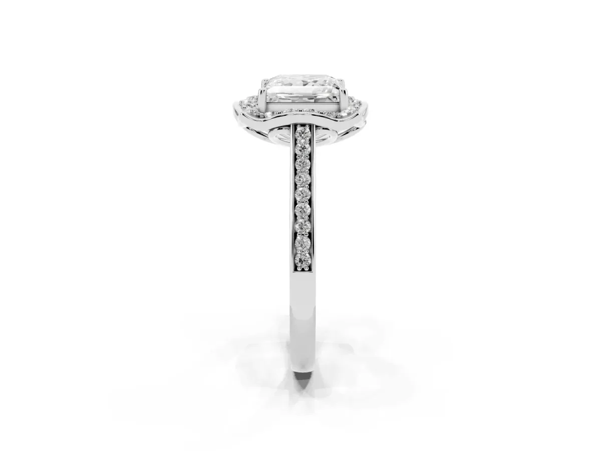 Princess Cut Halo Round Diamond Pave Band with Four-Prong Setting White gold