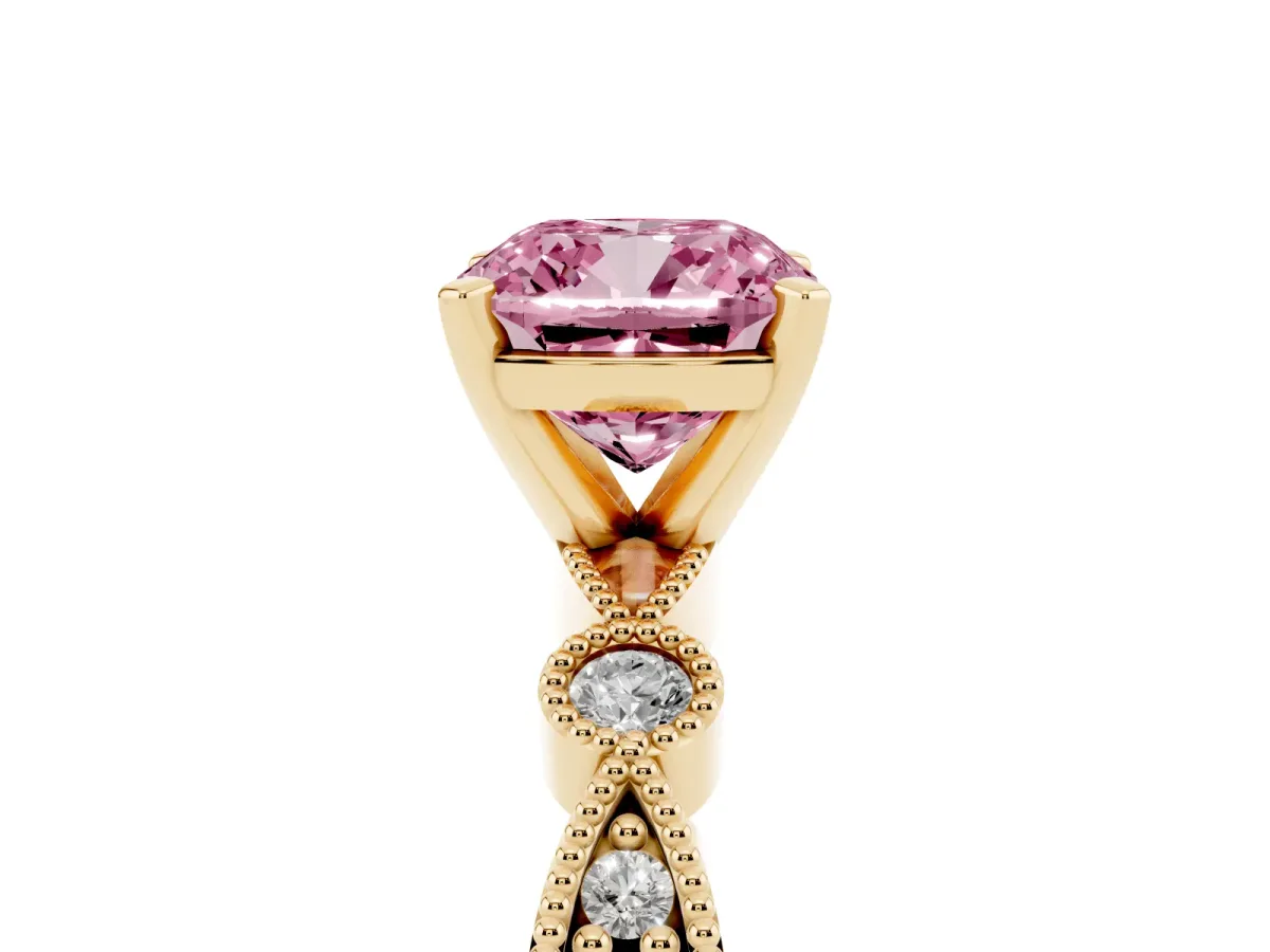 Fancy Pink Cushion Cut Milgrain Bezel Diamond Engagement Ring with Solitaire Prong Setting Yellow gold