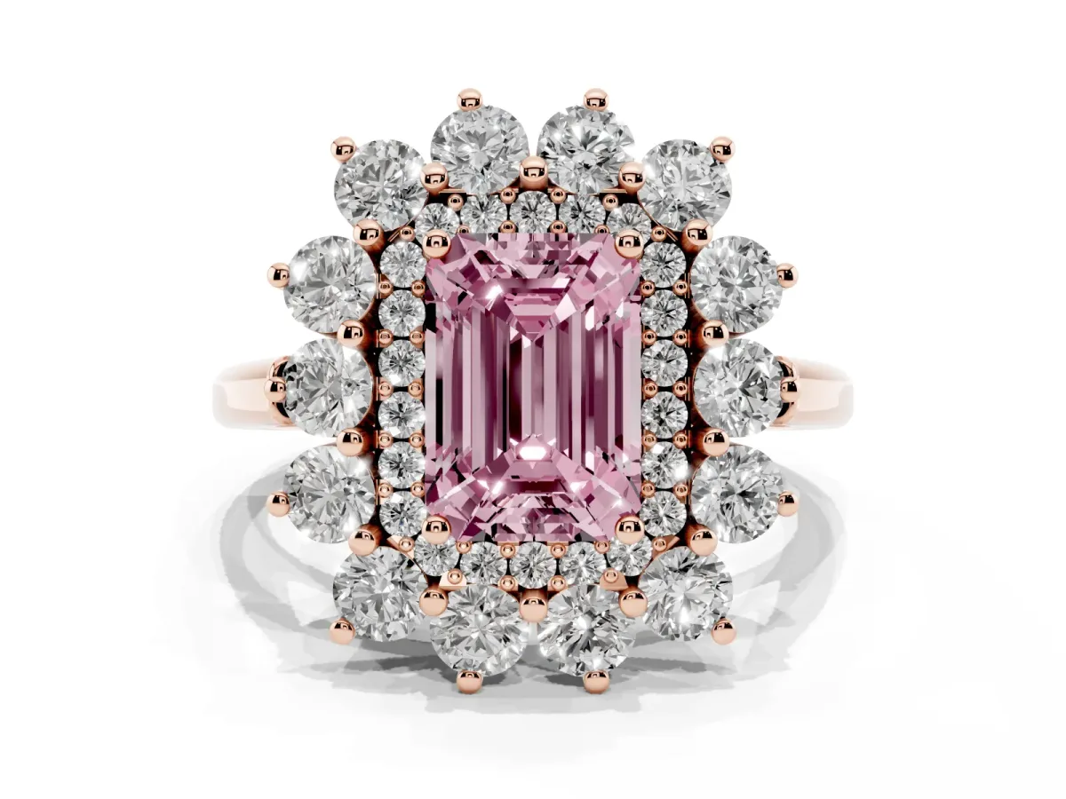 Fancy Pink Emerald Cut Diamond Floral Double Halo Engagement Ring with Prong Setting Rose gold