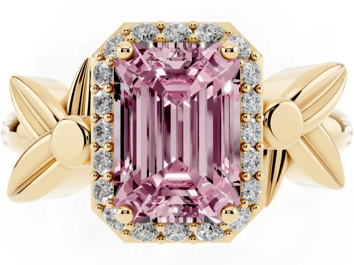 Fancy Pink Emerald Cut Halo Diamond Floral Band with Four-Prong Setting Yellow gold