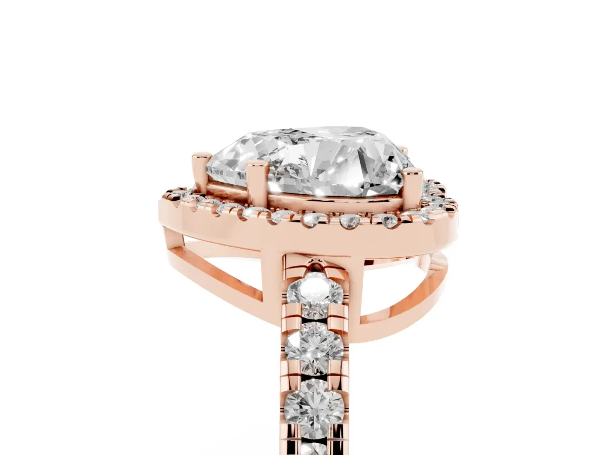 Heart Cut Diamond Halo Ring with Pavé Band and Four-Prong Setting Rose gold