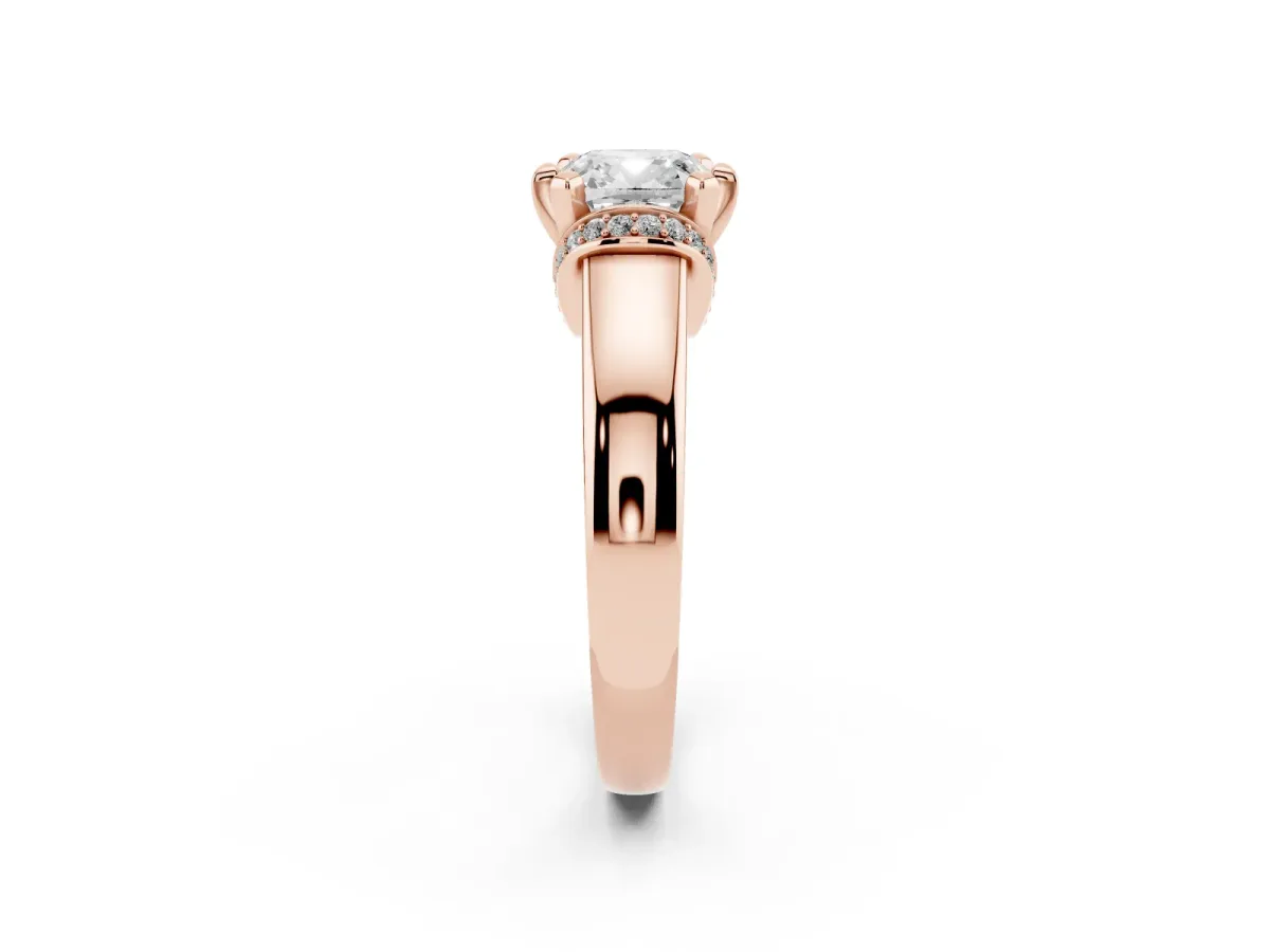Cushion Cut Solitaire Diamond Ring with Pave Band and Six-Prong Setting Rose gold