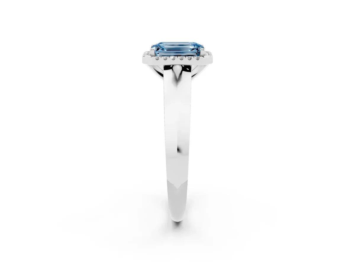 Fancy Blue Emerald Cut Halo Diamond Ring with Cathedral Band and Four-Prong Setting Silver