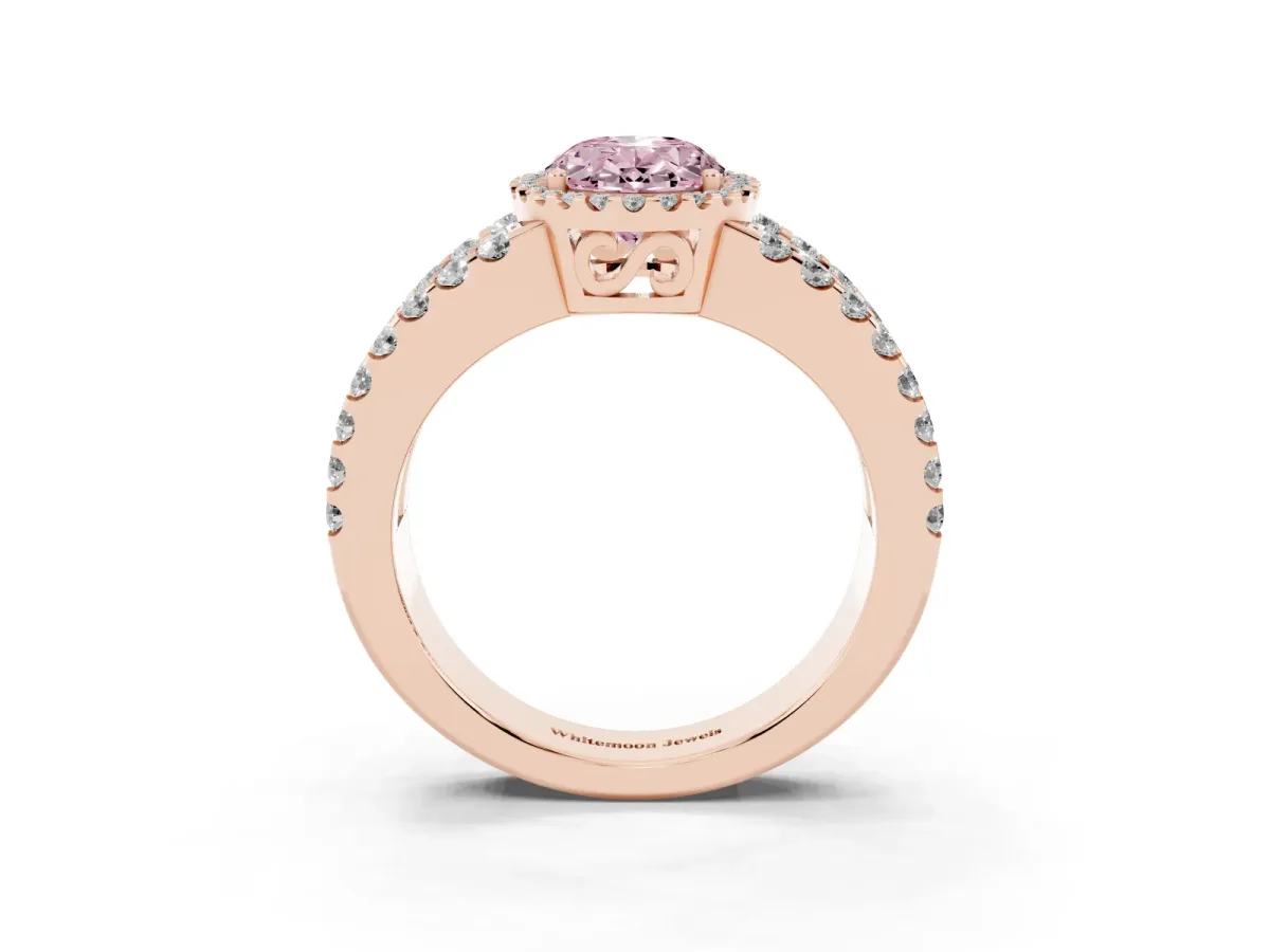 Fancy Pink Oval Cut Cut Halo Split Shank Diamond Ring with Four-Prong Setting Rose gold