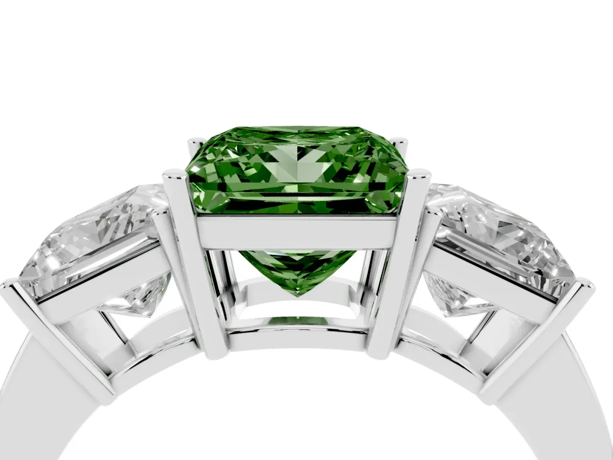 Fancy Green Three-Stone Princess Cut Cut Diamond Engagement Ring with Flat Band and Four-Prong Setting White gold