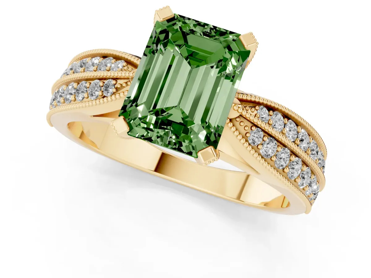 Fancy Green Emerald Cut Diamond Solitaire Ring with Milgrain Round Pavé Band and Prong Setting Yellow gold