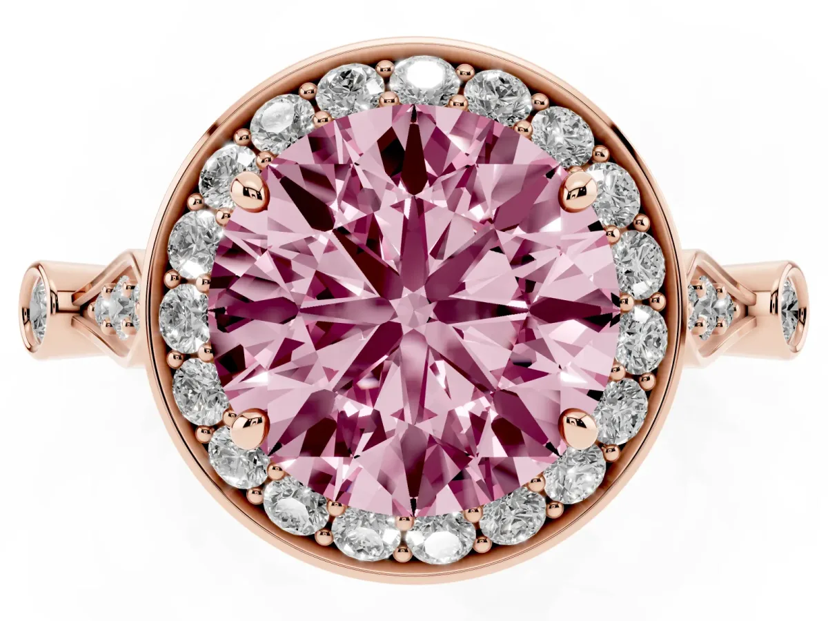 Fancy Pink Round Cut Halo Diamond Engagement Ring with Twisted Band and Four-Prong Setting Rose gold