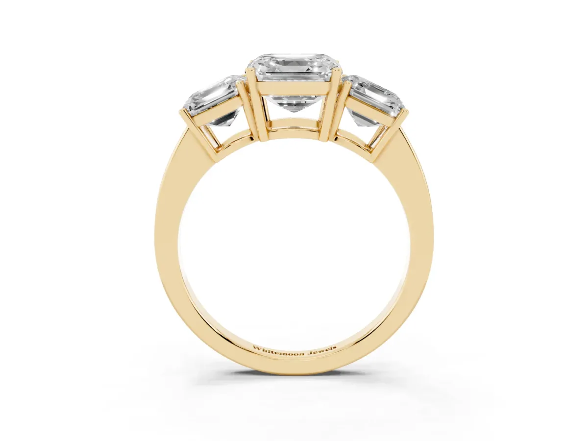 Three-Stone Asscher Cut Cut Diamond Engagement Ring with Flat Band and Four-Prong Setting Yellow gold